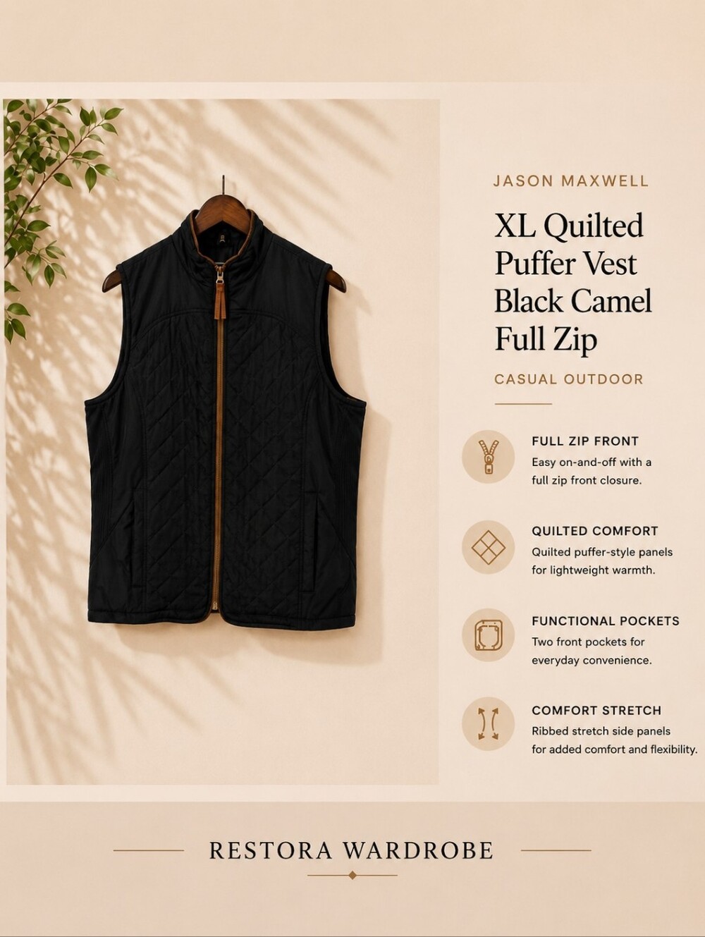 Jason Maxwell Quilted Puffer Vest Black Camel Trim XL Outdoor